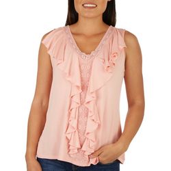 Cable & Gauge Womens Solid Ruffle Sleeveless Top