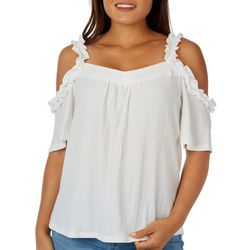 Cable & Gauge Womens Solid Crinkle Cold Shoulder Ruffle Top