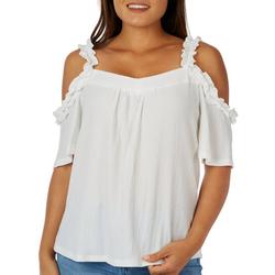 Womens Solid Crinkle Cold Shoulder Ruffle Top