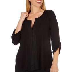 Cable & Gauge Womens Solid Crochet 3/4 Sleeve Top