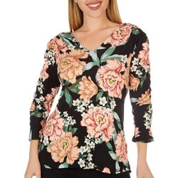 Cable & Gauge Womens Ruched Print 3/4 Sleeve Top