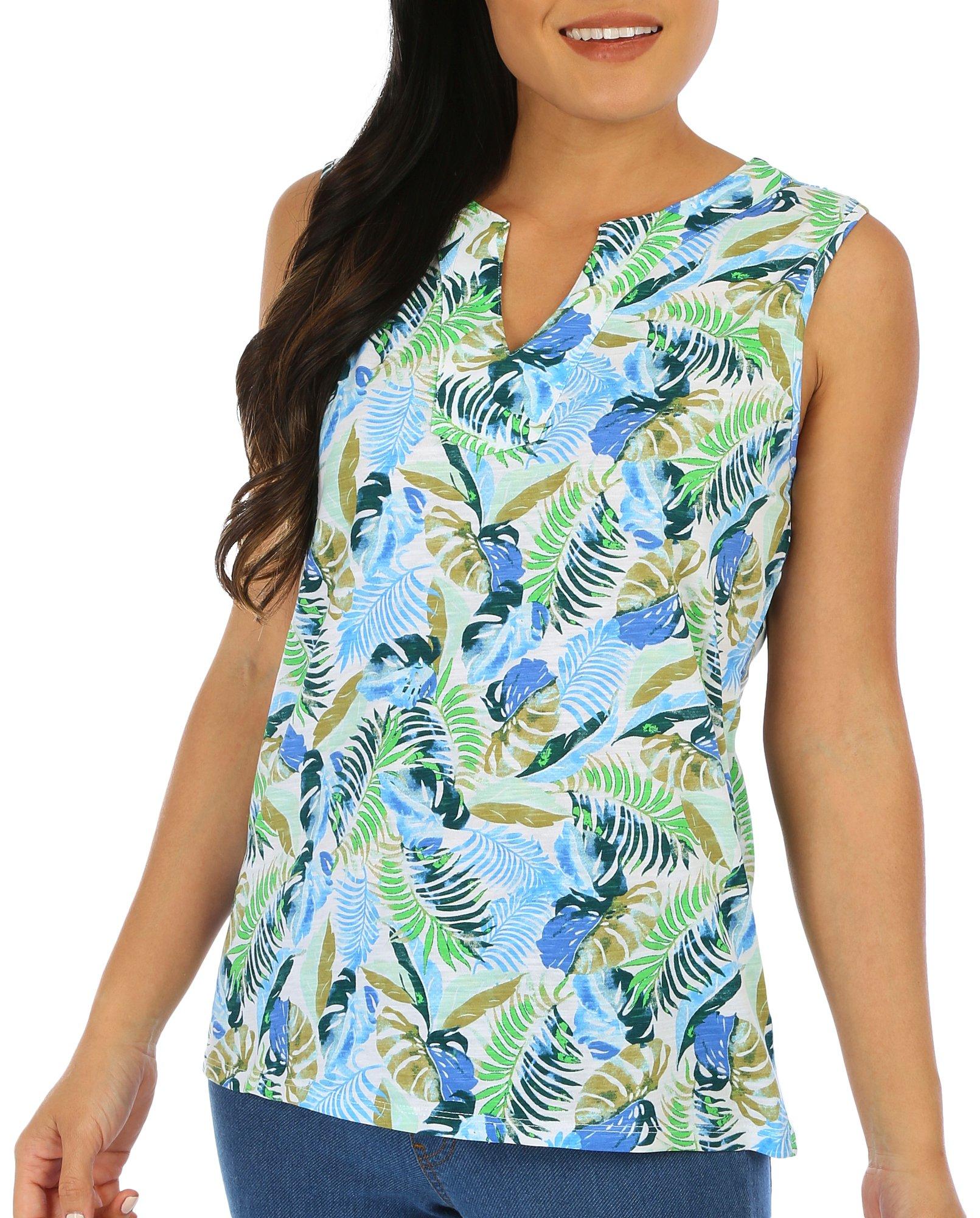Womens Beach Palm Print Split Neck Sleeveless Top