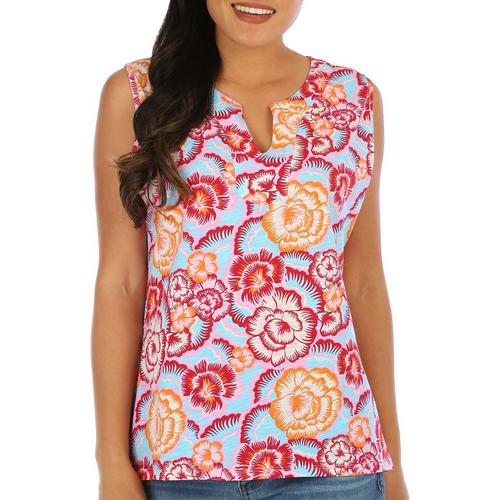 Island Collection Womens Floral Split Neck Sleeveless Top