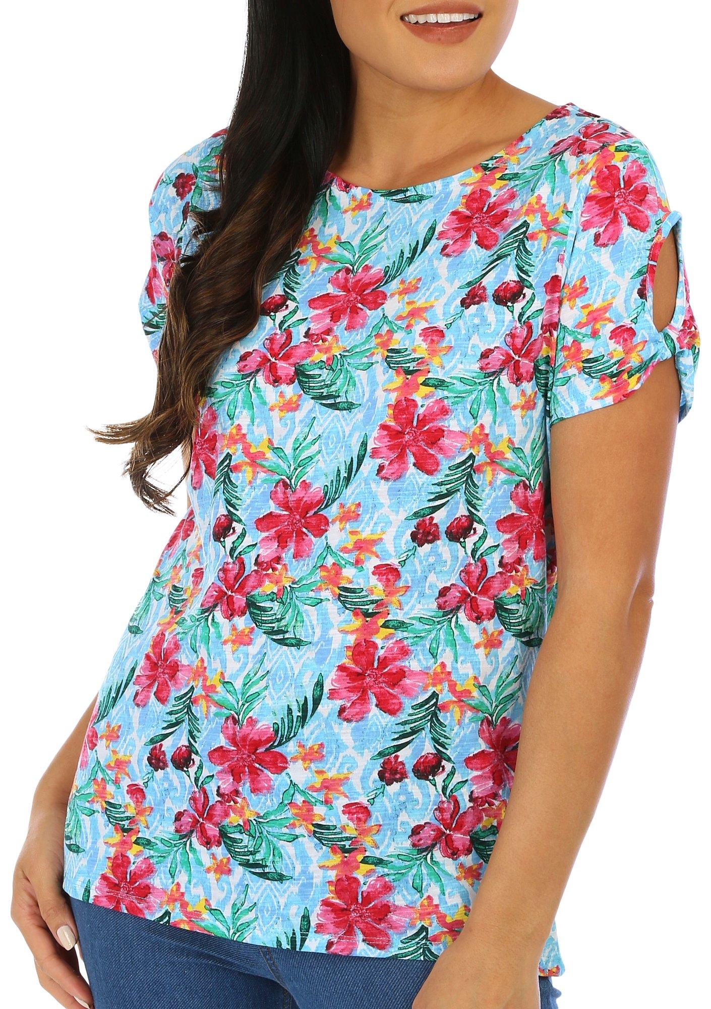 Island Collection Womens Tropical Print Short Sleeve Top