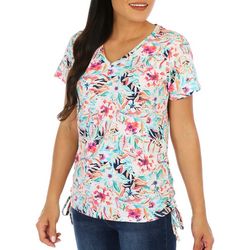 Island Collection Womens Floral V-Neck Short Sleeve Top