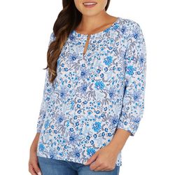 Stella Parker Womens O-Ring Keyhole Floral 3/4 Sleeve Top