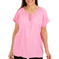 Stella Parker Womens Solid Keyhole Short Sleeve Top