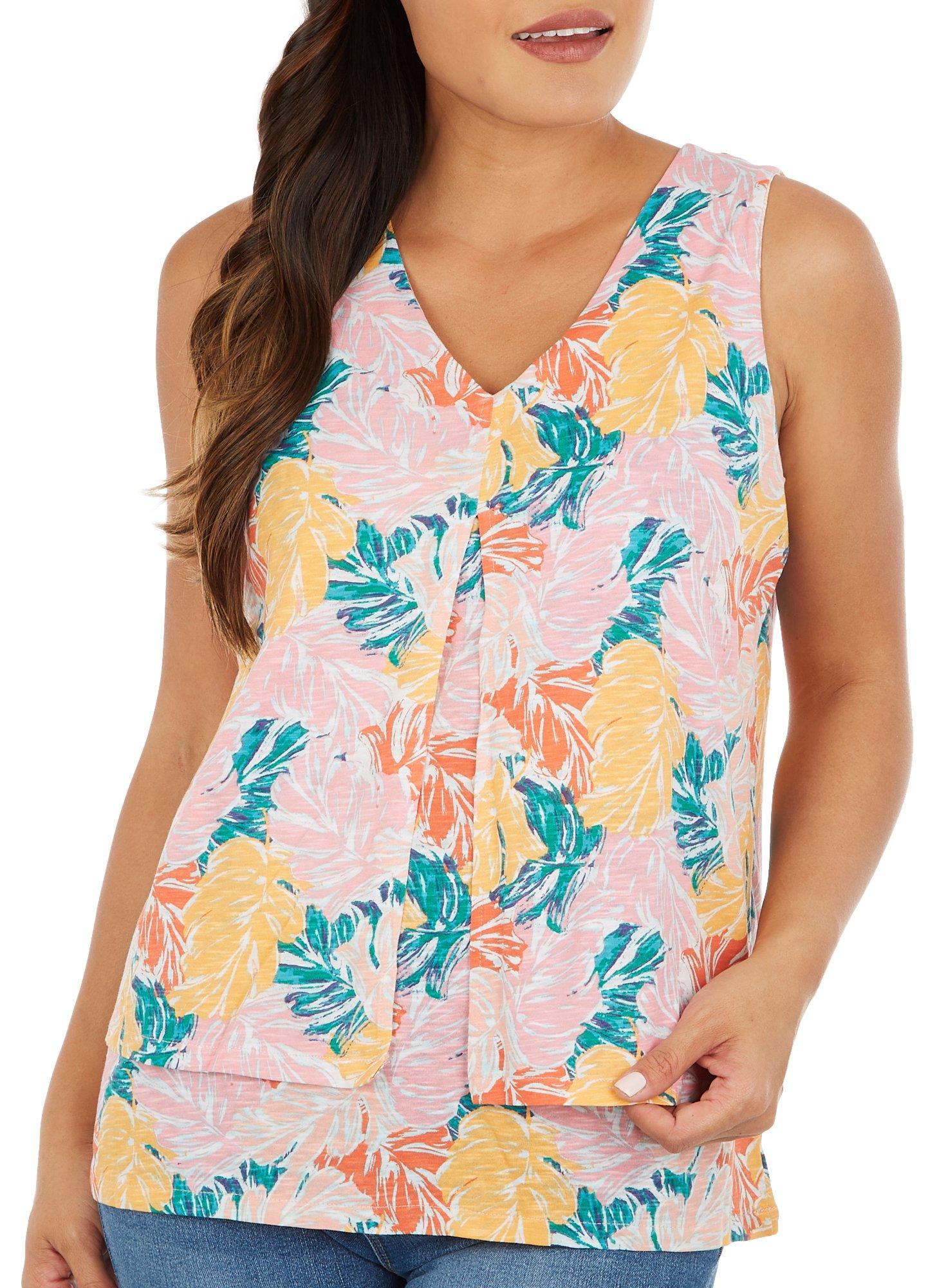 Caribbean Joe Womens Print Layered V-Neck Sleeveless Top