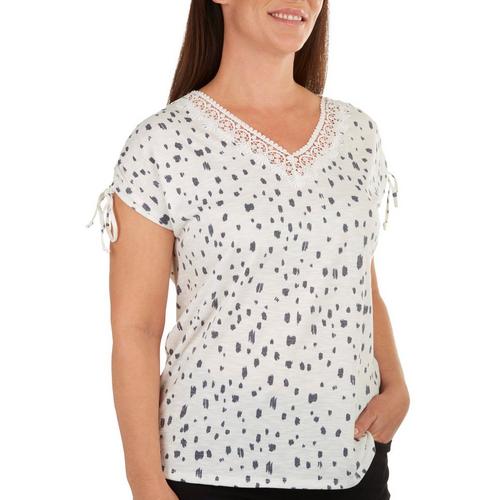 Como Blu Womens Lace V-Neck Ruched Short Sleeve
