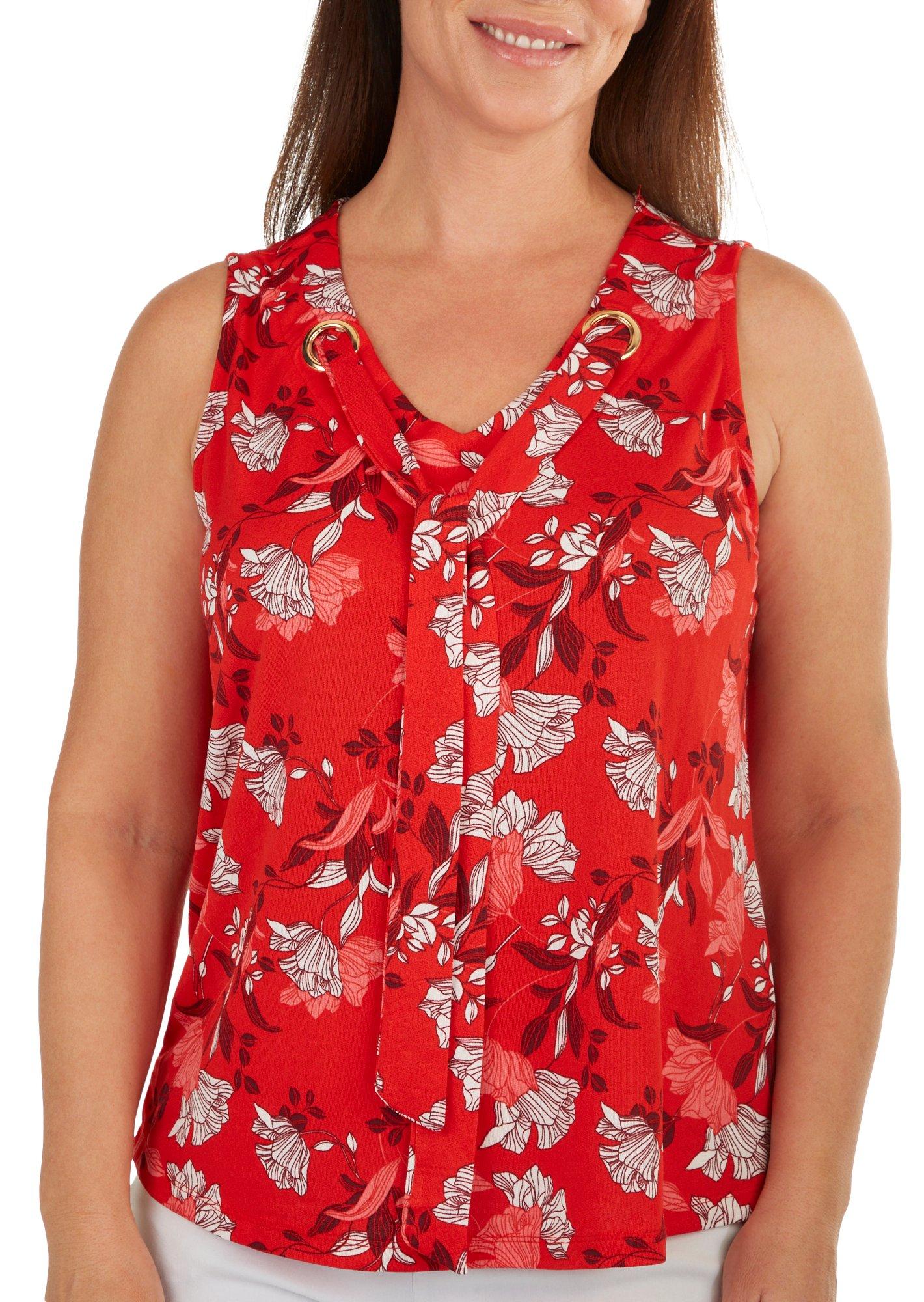 Womens Floral Print V-Neck Sleeveless Grommet Top
