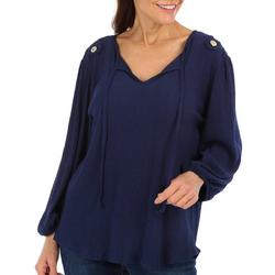 Womens Solid V Neck Button Long Sleeve Top
