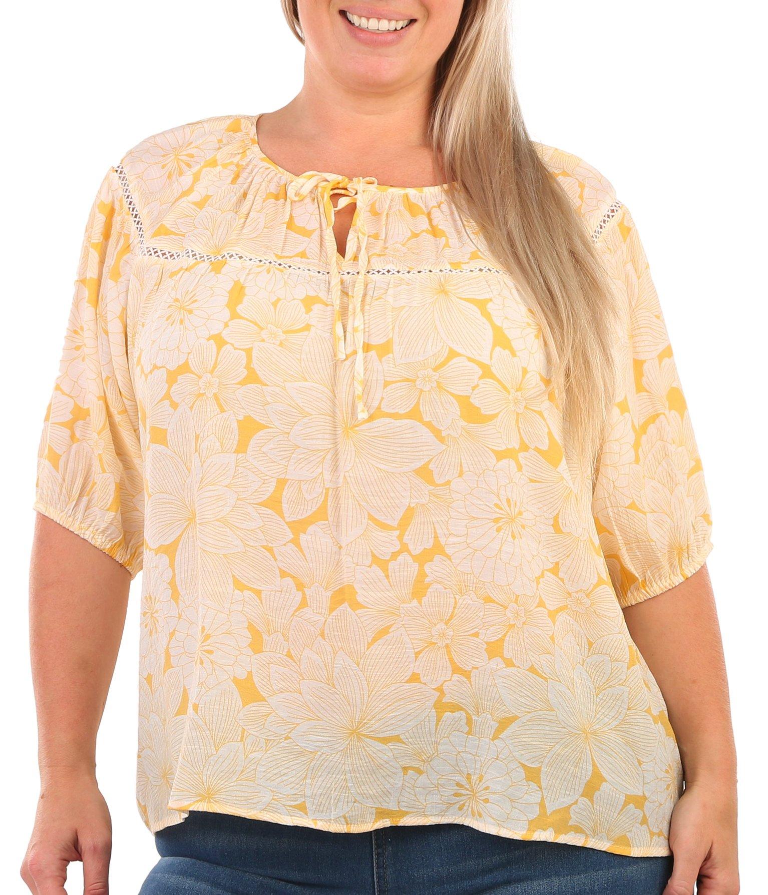 Plus Bright Floral Split Neck Short Sleeve Top