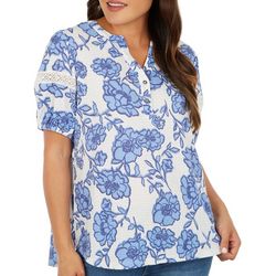 Womens Tropical Floral Rib Pointelle Short Sleeve Top