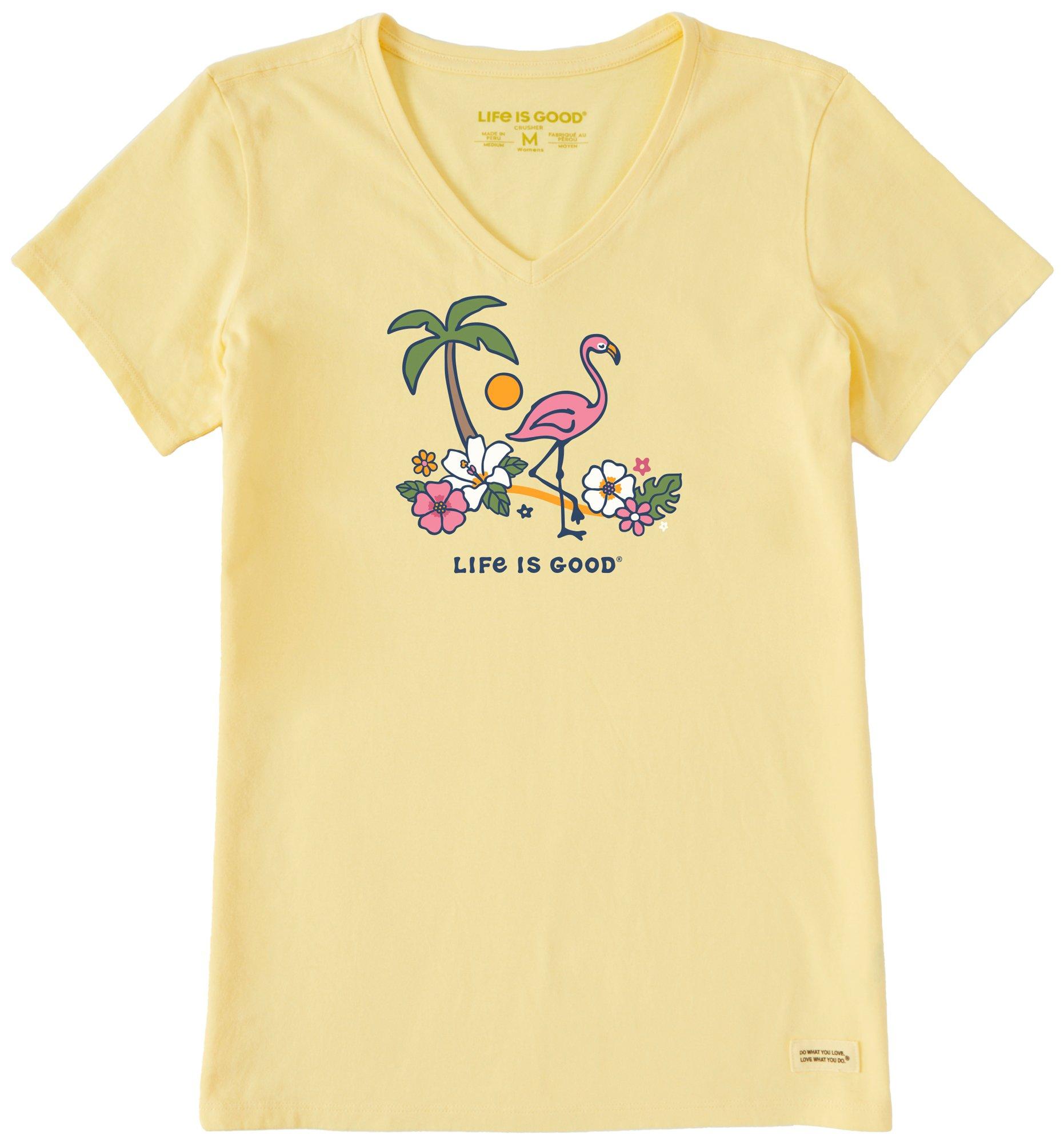 Life Is Good Womens Flamingo Tropics V-Neck T-Shirt