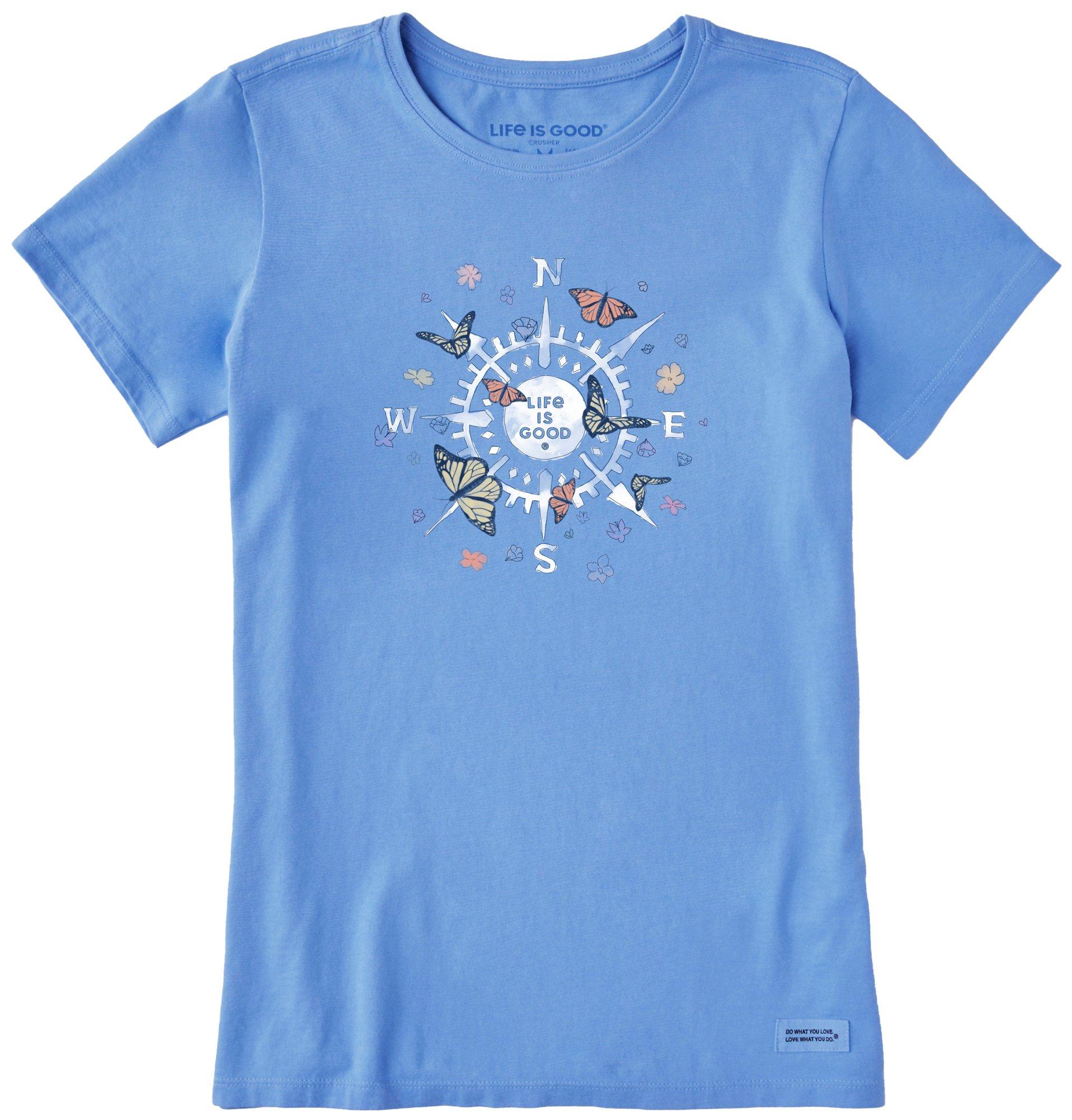 Life Is Good Womens Butterfly Compass Round Neck T-Shirt