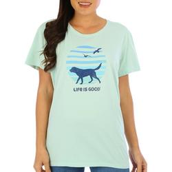 Womens Beach Dog Walk  Crew Neck T-Shirt