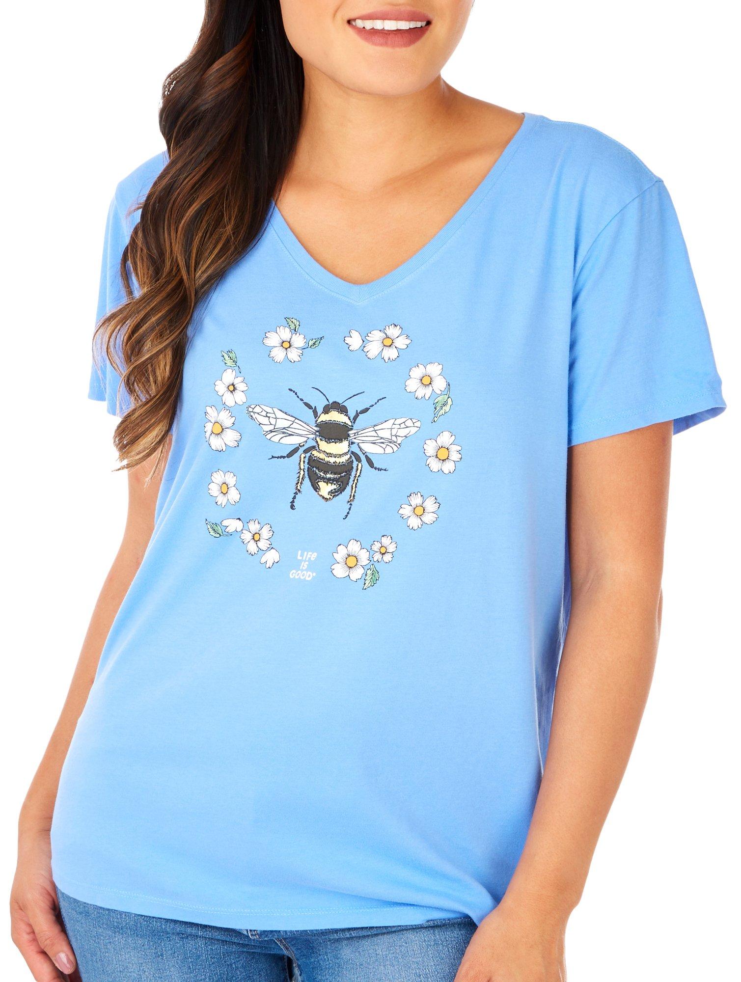 Life Is Good Womens Flower Bee Screen Print T-Shirt