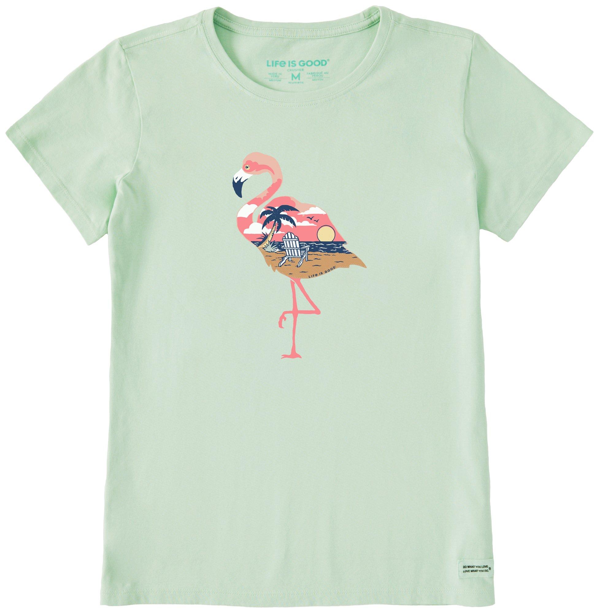 Womens Flamingo Beach Round Neck T-Shirt