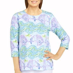 Alfred Dunner Womens Fish Mosaic 3/4 Sleeve Top