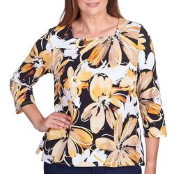 Alfred Dunner Womens Floral Print Square Neck 3/4 Sleeve Top