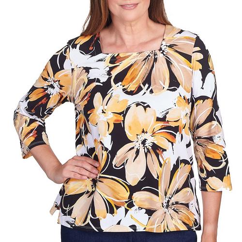 Alfred Dunner Womens Floral Print Square Neck 3/4