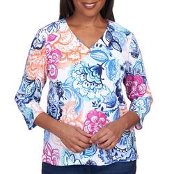 Womens Batik Floral 3/4 Sleeve Top
