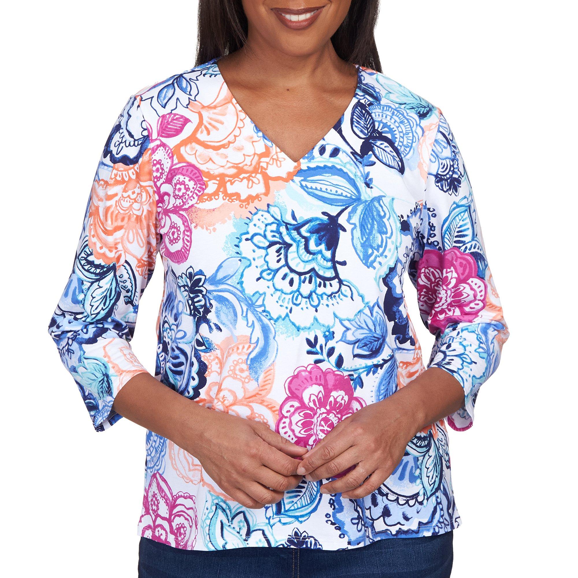 Womens Batik Floral 3/4 Sleeve Top