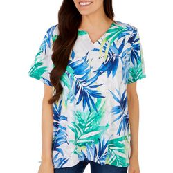 Womens Tropical Print Split Neck Short Sleeve Top