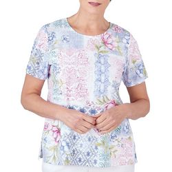 Alfred Dunner Womens Print Round Neck Short Sleeve Top