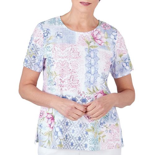 Alfred Dunner Womens Print Round Neck Short Sleeve