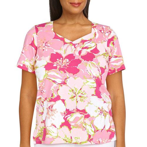 Alfred Dunner Womens Floral Studio Short Sleeve Top