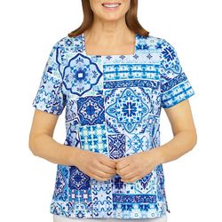 Alfred Dunner Womens Print Square Studio Short Sleeve Top
