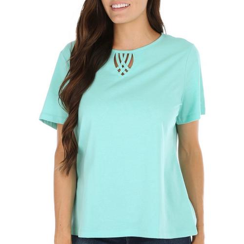 Coral Bay Womens Solid Woven Keyhole Short Sleeve