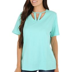 Coral Bay Womens Solid Keyhole Short Sleeve Top