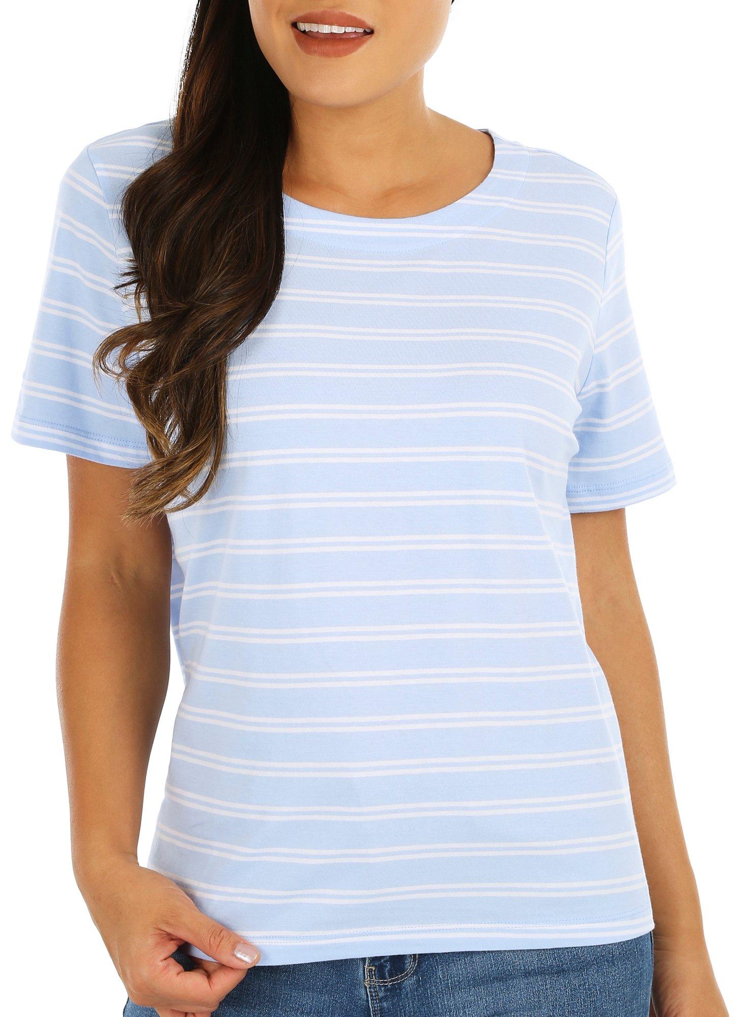 Coral Bay Womens Striped Wide Scoop Short Sleeve Top