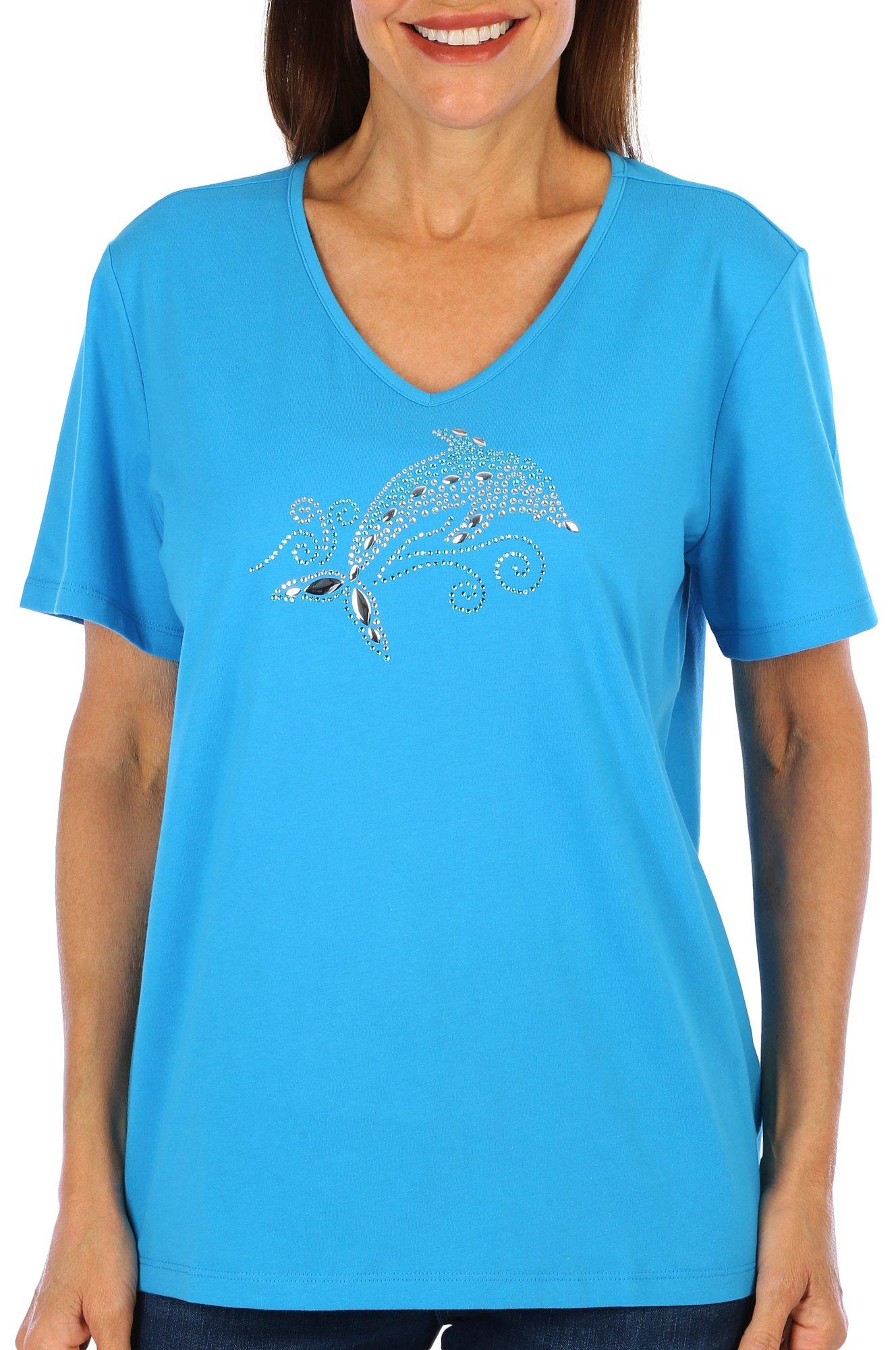 Coral Bay Womens Jeweled Dolphin Short Sleeve Top
