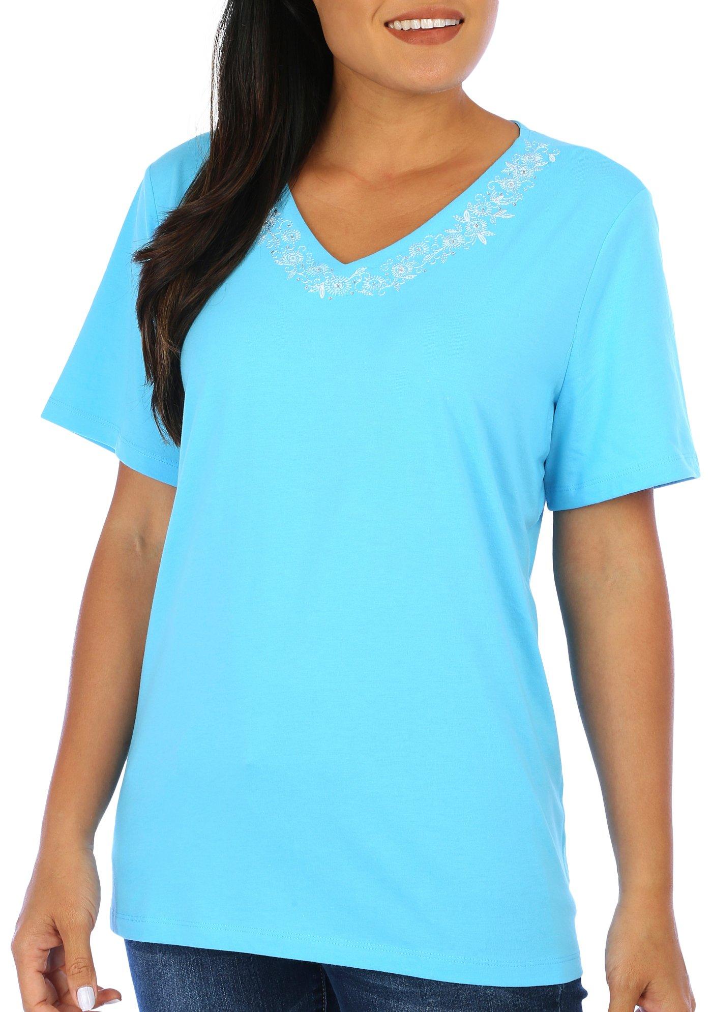Coral Bay Womens Solid Embellished V Neck Short Sleeve Top