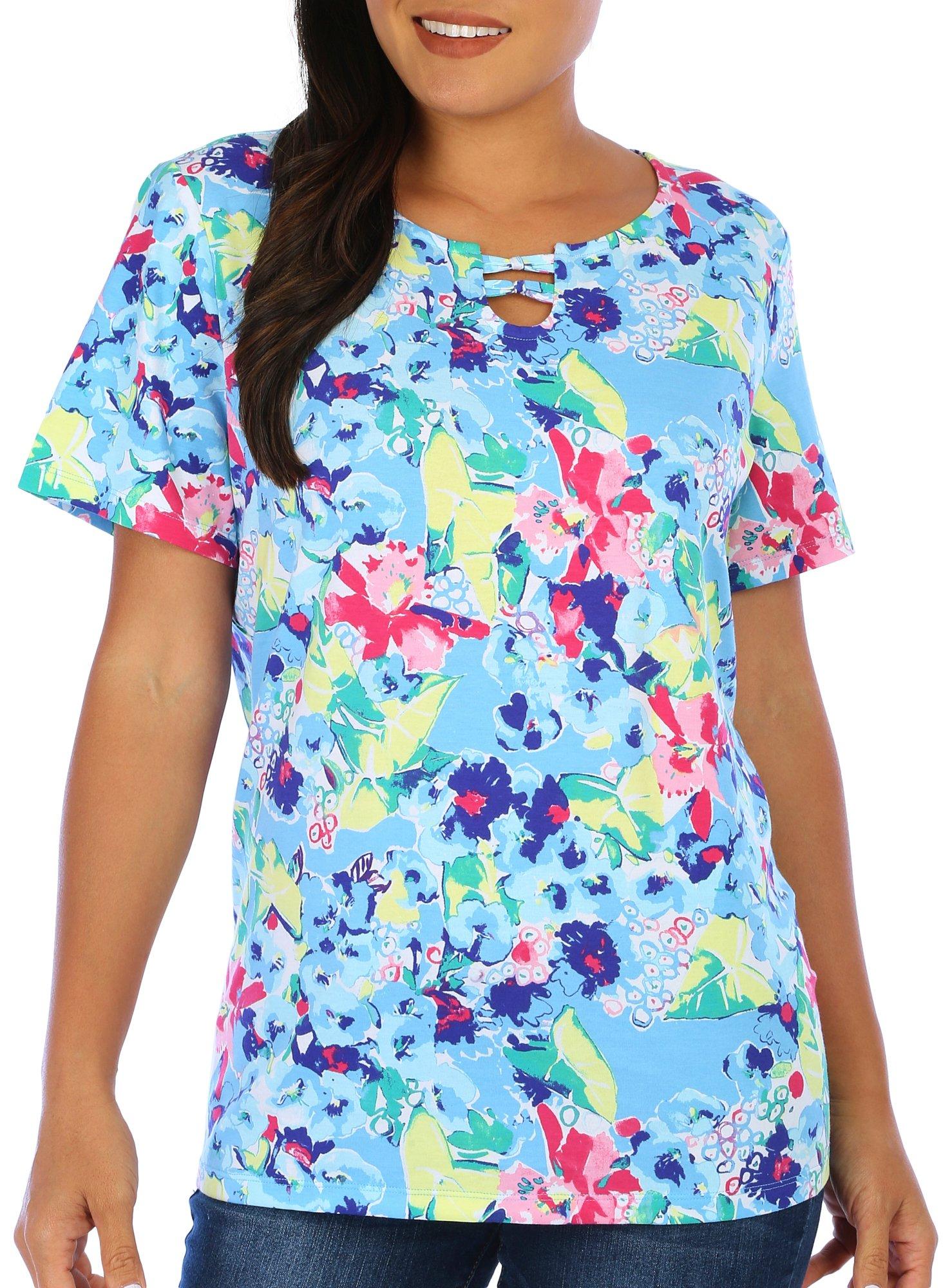 Coral Bay Womens Floral Keyhole Short Sleeve Top