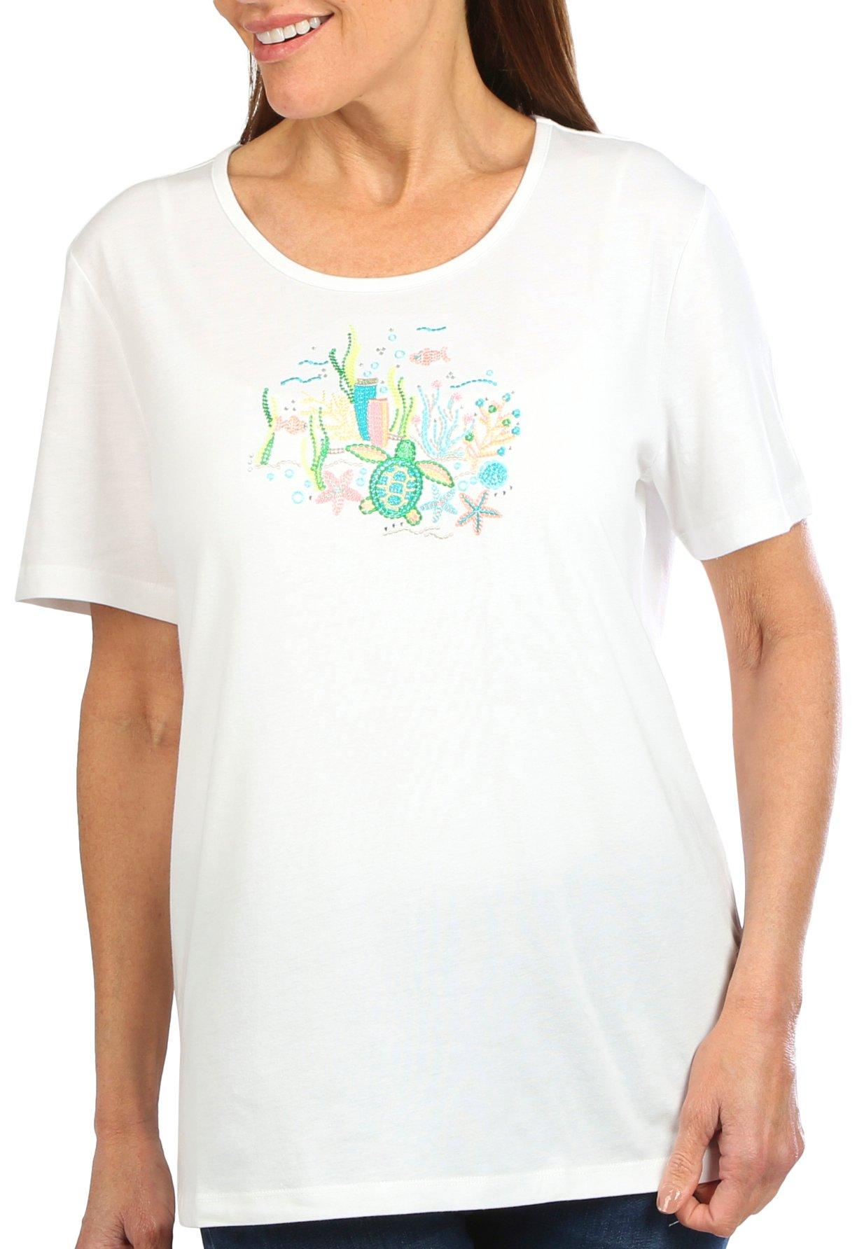 Coral Bay Womens Embroidered Reef Short Sleeve Top