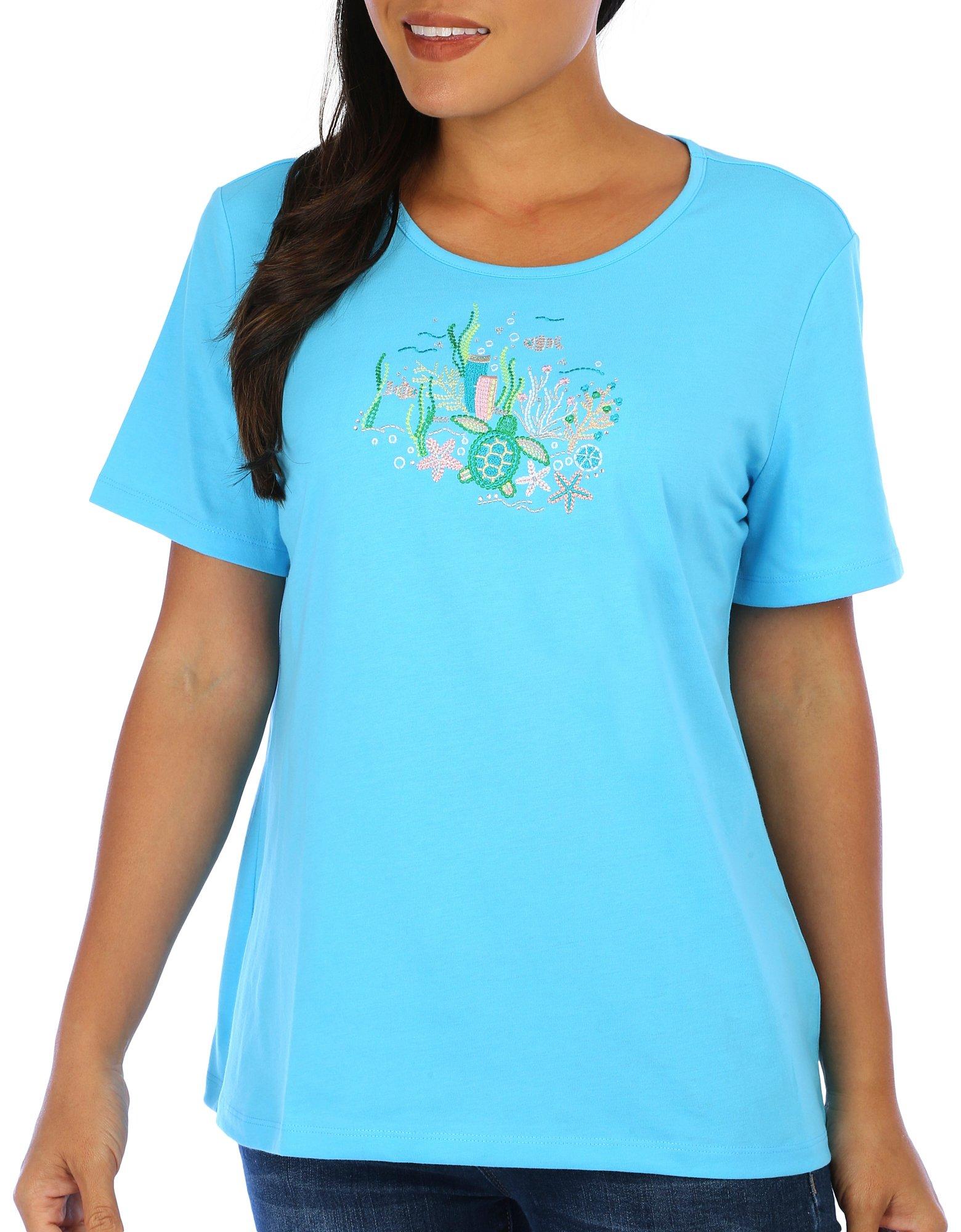 Coral Bay Womens Embroidered Sea Life Short Sleeve Crew Top