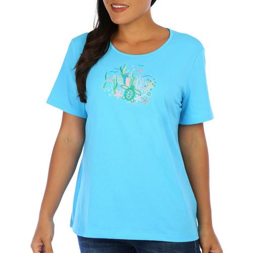 Coral Bay Womens Embroidered Sea Life Short Sleeve