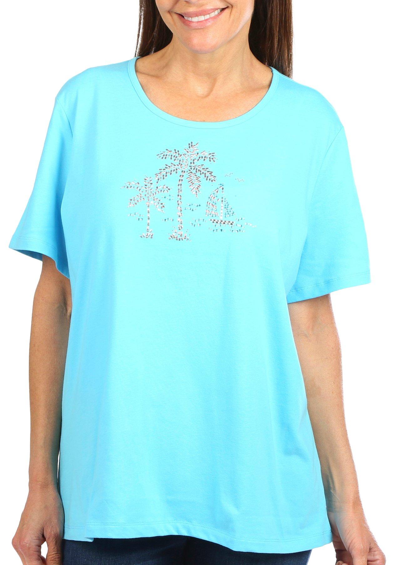 Coral Bay Womens Jeweled Palm Trees Short Sleeve Top