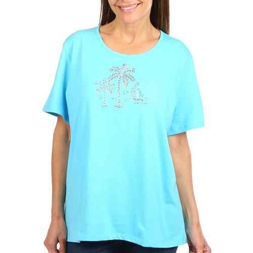 Coral Bay Womens Jeweled Palm Trees Short Sleeve