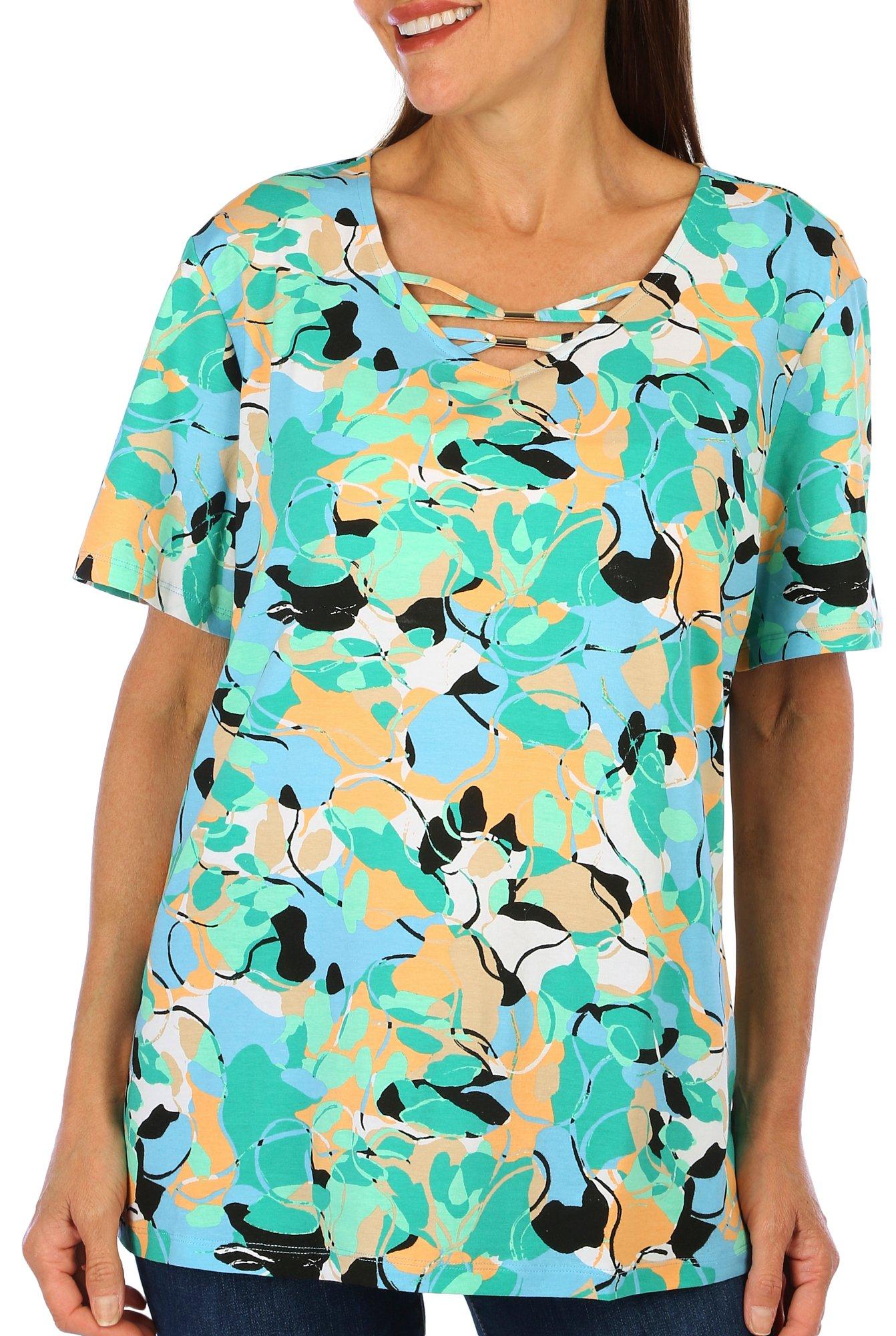 Coral Bay Womens Crisscross Bars Print Sleeve Top