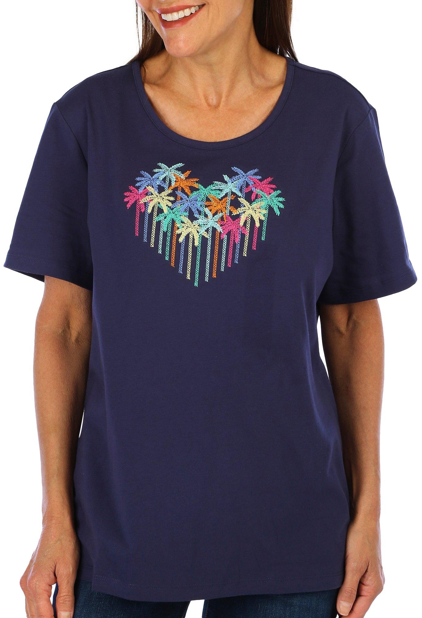 Coral Bay Womens Embroidered Palms Short Sleeve Crew Top