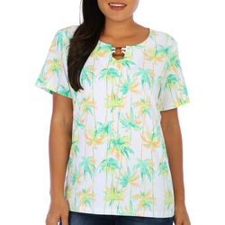 Coral Bay Womens Palms Square-Ring Keyhole Short Sleeve Top