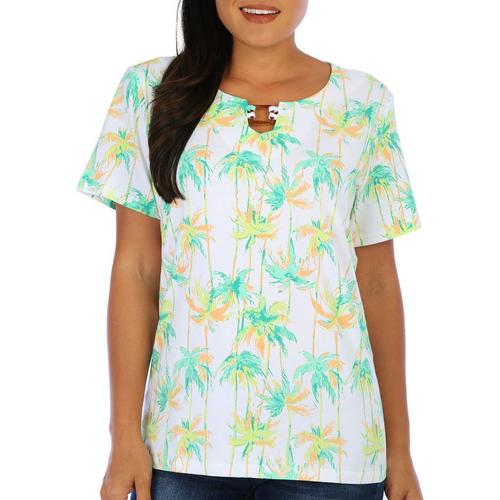 Coral Bay Womens Palms Square-Ring Keyhole Short Sleeve