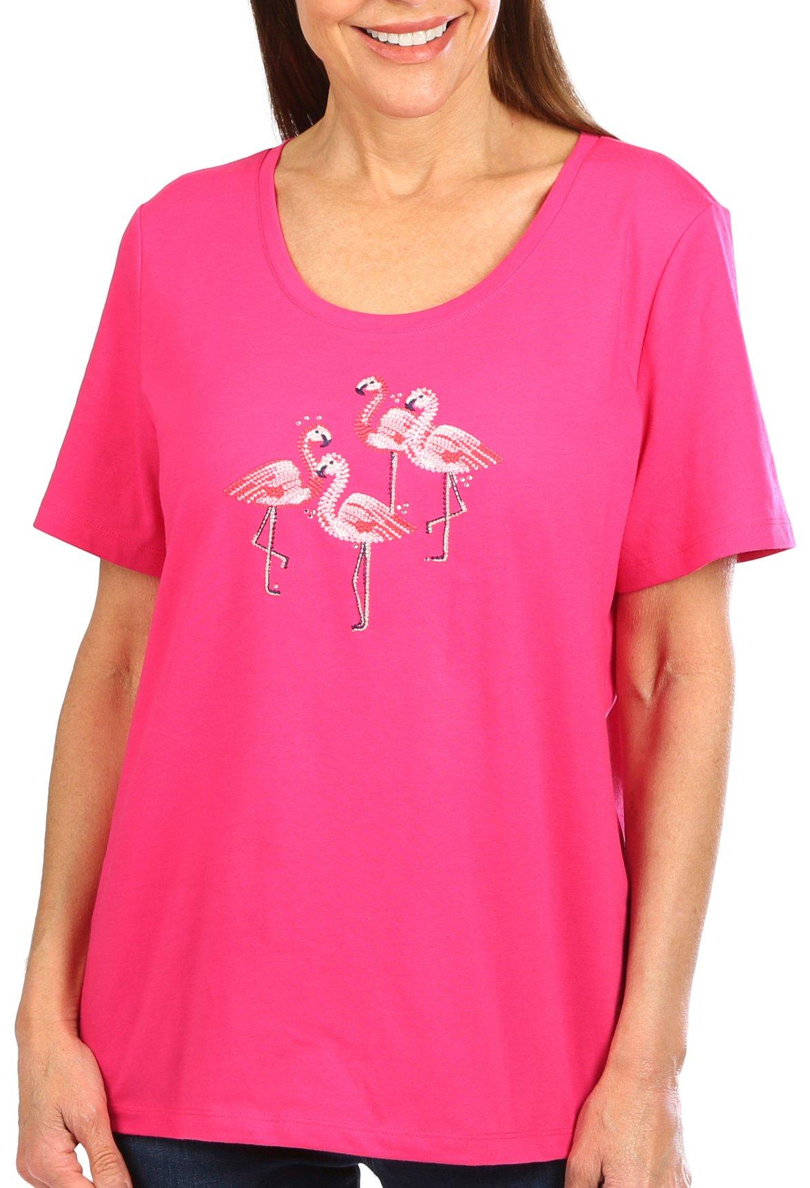 Coral Bay Womens Embroidered Flamingo Short Sleeve Top