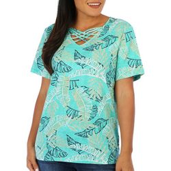 Coral Bay Womens Palm Fronds Crisscross Short Sleeve Top