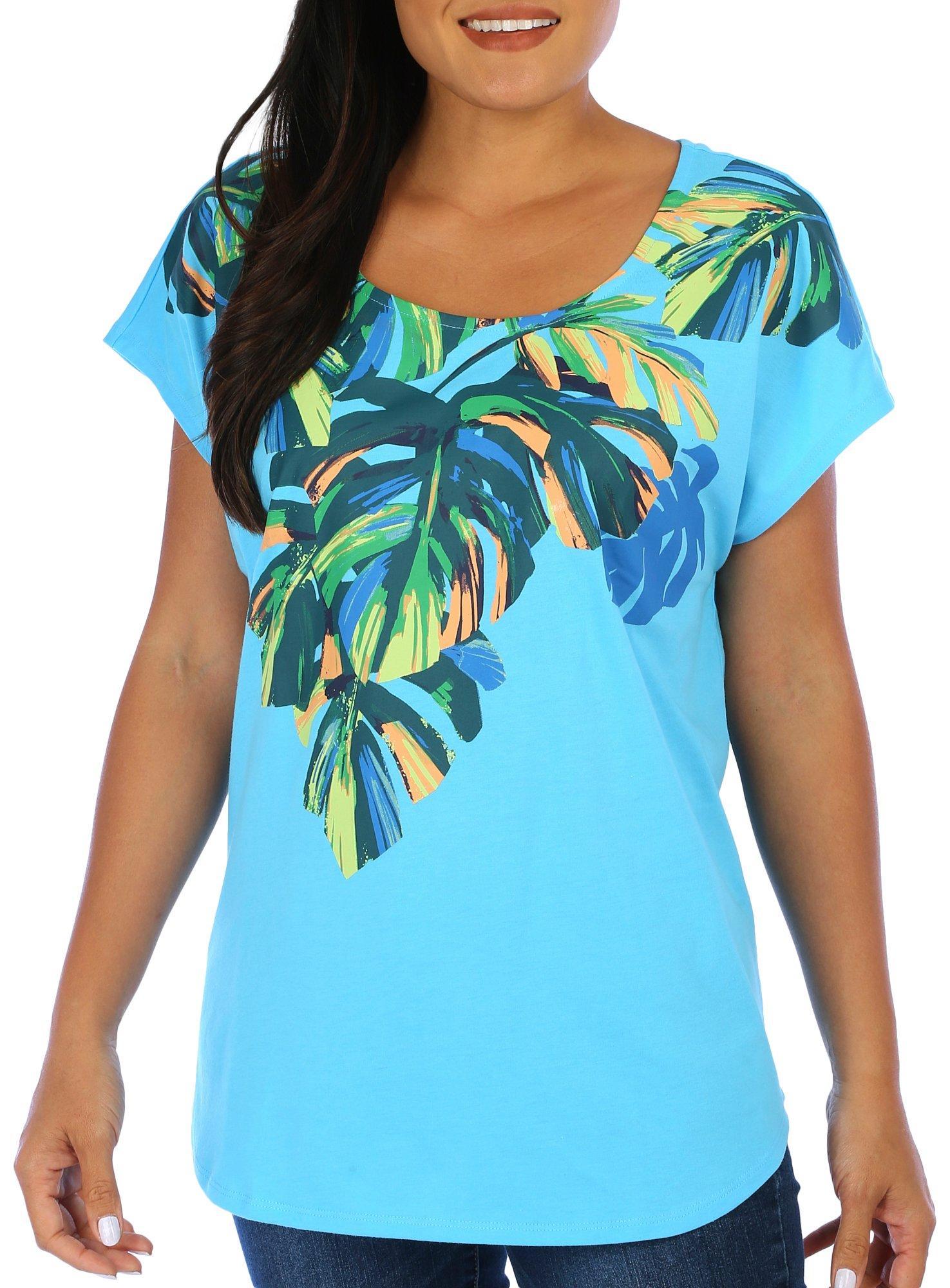Coral Bay Womens Tropical Leaves Short Sleeve Top